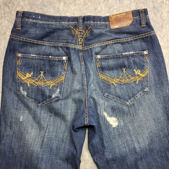 Rocawear Baggy Jeans Men's 38x33 Denim Y2K Skater Hip Hop Patchwork Distressed